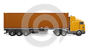 A large retro orange truck with a sleeping part and an aerodynamic extension carries a trailer with a sea container. 3d