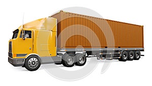 A large retro orange truck with a sleeping part and an aerodynamic extension carries a trailer with a sea container. 3d