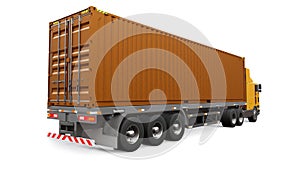 A large retro orange truck with a sleeping part and an aerodynamic extension carries a trailer with a sea container. 3d