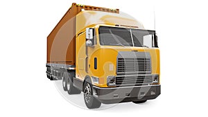 A large retro orange truck with a sleeping part and an aerodynamic extension carries a trailer with a sea container. 3d