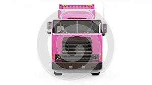 A large retro pink truck with a sleeping part and an aerodynamic extension carries a trailer with a sea container. 3d