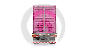 A large retro pink truck with a sleeping part and an aerodynamic extension carries a trailer with a sea container. 3d