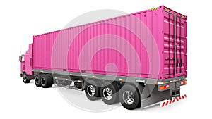 A large retro pink truck with a sleeping part and an aerodynamic extension carries a trailer with a sea container. 3d