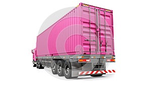 A large retro pink truck with a sleeping part and an aerodynamic extension carries a trailer with a sea container. 3d