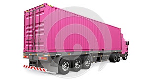 A large retro pink truck with a sleeping part and an aerodynamic extension carries a trailer with a sea container. 3d