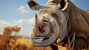 Large rhinoceros grazing in the African savannah, close up portrait generated by AI