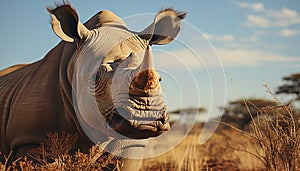 Large rhinoceros grazing in the African savannah, looking at camera generated by AI