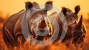 Large rhinoceros grazing in the African savannah at sunset generated by AI