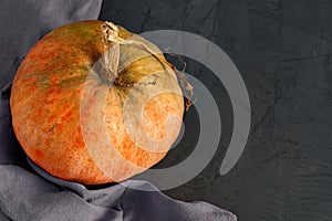 Large ripe orange pumpkin on a dark gray concrete surface with a textile towel