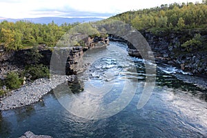 Large river in the arctic tundra. Abisko national park, Nothern Sweden