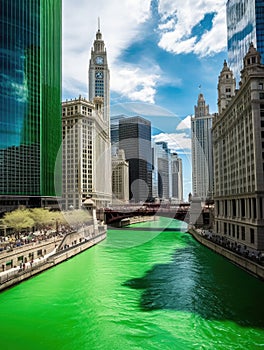 Large river flowing through city, with several buildings and bridges lining its banks. A green light is shining on