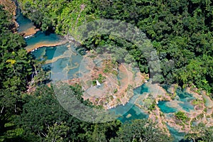 Large river and Semuc Champey natural monument in Guatemala, aerial