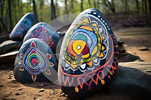 large rocks with mantras painted onto them