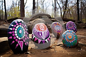 large rocks with mantras painted onto them