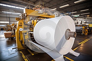 Large rolls of thermal paper produced in a mill factory, manufacturer with industrial slitting machine