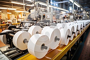 Large rolls of thermal paper produced in a mill factory, manufacturer with industrial slitting machine