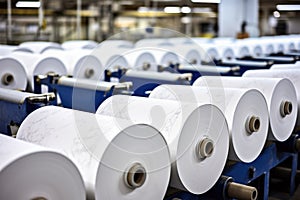 Large rolls of white paper sit on a machine in a factory, ready to be processed.