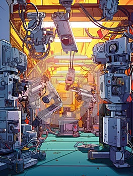 Large room filled with robots, which are all connected to each other. There is an array of wires and cables running