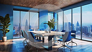 a large room with large windows overlooking the city intended for team meetings,