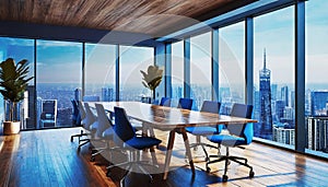 a large room with large windows overlooking the city intended for team meetings,