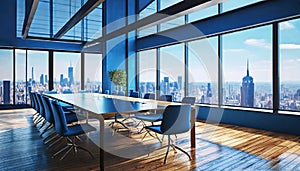 a large room with large windows overlooking the city intended for team meetings,
