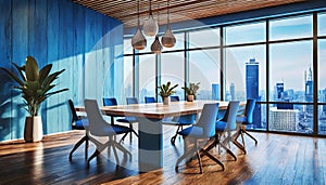 a large room with large windows overlooking the city intended for team meetings,