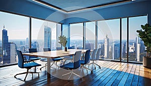 a large room with large windows overlooking the city intended for team meetings,