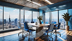 a large room with large windows overlooking the city intended for team meetings,