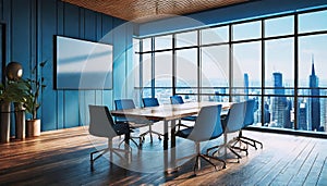 a large room with large windows overlooking the city intended for team meetings,