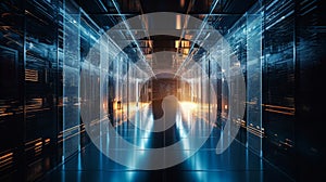 A large room with many computer monitors and a green light.