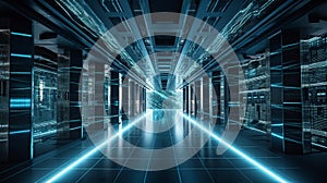 A large room with many computer monitors and a green light.