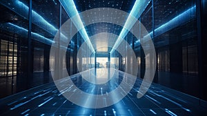 A large room with many computer monitors and a green light.