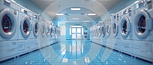 A large room with many white washers and dryers by AI generated image