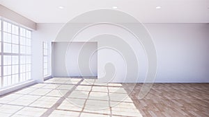 Large room, wide open Clean white wall and wood grain floor with sun light into the room.3D rendering