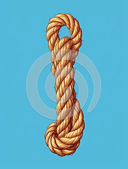 Large rope hanging down from ceiling. The rope has been tied into loop shape and hangs in front of blue background. It