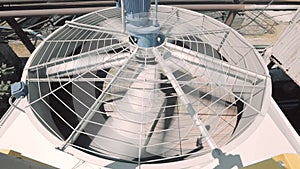 Large rotating blades of the cooling system. Cooling tower. Cooling tower blades. Modern cooling tower in a factory