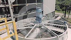 Large rotating blades of the cooling system. Cooling tower. Cooling tower blades. Modern cooling tower in a factory