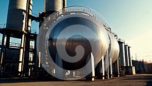 A large round ball-shaped shiny metallic high-pressure iron storage tank