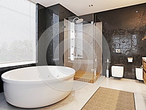 Large round bathtub with shower in the loft style bathroom