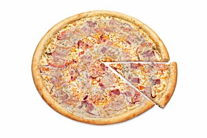 Large round pizza, isolated, close-up.