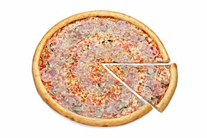 Large round pizza, isolated, close-up.
