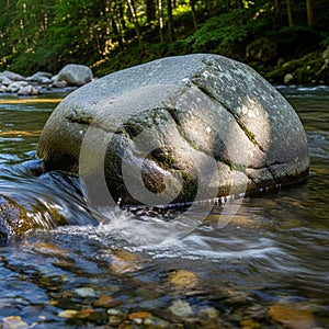 A large, rounded boulder sits in a flowing stream, surrounded by clear water. The