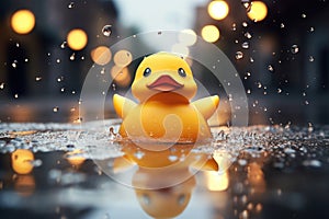 a large rubber duck floating in a puddle with small rain droplets falling around it