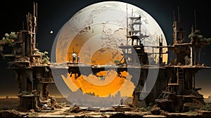 A large ruined building with a pile of construction debris and concrete debris moon in background