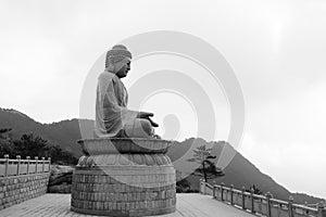 Large rulai buddha stone statue, black and white image