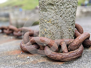Large rusty chain on the quayside