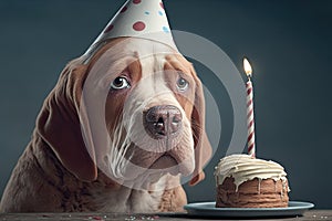 A Large Sad Dog Wearing a Birthday Party Hat With a Cup Cake and Candle Lit - Generative AI