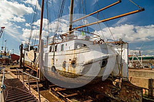 Large sailing boat in dock