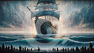 A large sailing ship navigating through stormy seas with ghostly figures watching