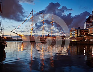 A large sailing ship in the port of GÃ¶teborg, Sweden